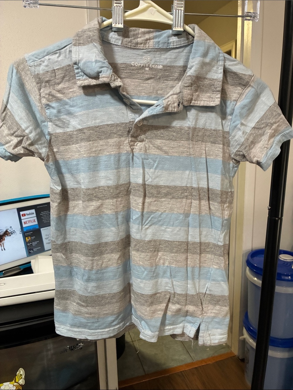 Copper Denim Boys' Short-Sleeve Striped Polo in Light Blue & Gray
